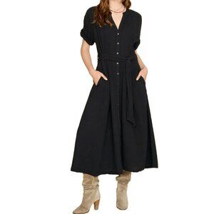 Xirena Women Small Black Cate Midi Dress Belted Button Up Cap Sleeve Cotton Maxi